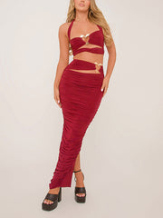 Sexy Heart Metal Decor Ruched Halter Skirt Sets