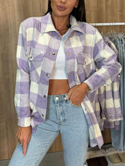 Fashion Loose Button Plaid Shacket Jacket