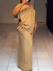 Fashion Stripe V-neck Shirt Wide Leg Pant 2 Piece Set