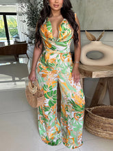 Casual Print Sleeveless Lace-up Wide Leg Jumpsuit