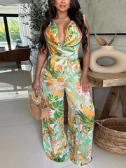 Casual Print Sleeveless Lace-up Wide Leg Jumpsuit