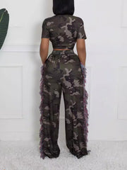 Lace-Up Crop Top Fringed Detail Wide Leg Camo Pants Set