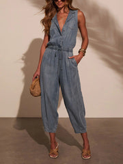 Sleeveless Drawstring Waist Washed Denim Jumpsuit