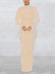 Sexy Rhinestone Mesh Maxi Dress And Bodysuit Suit