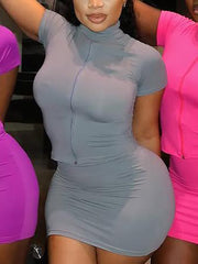 Sexy Zip Short Skirt Fitness Yoga Casual Two Piece Set