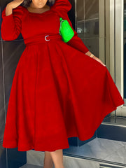 Solid Color Bubble Sleeves Party Dress