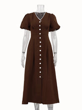 Puff Sleeve V-Neck Single-breasted Midi Dress
