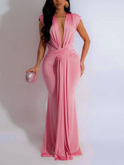 Elegant Deep V Plunge Draped Maxi Dress