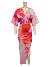 Casual V-neck Print Tied Top and Slit Skirt Sets