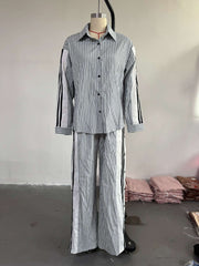Fashion Lapel Stripe Shirt Wide Leg Pants Two Piece Set