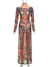 Fashion Tiger Print Half High Collar Mesh Maxi Dress
