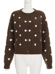 Fashion Round Neck Polka Dot Knit Cardigan Sweater