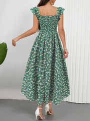Elegant Floral Print Girdle Waist Midi Dress