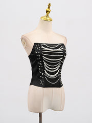 Fashion Pearl Chain Embellished Mesh Patchwork Tube Top