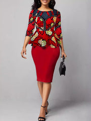 Round Neck Print Ruffles OL Dress