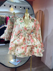 Elegant Lantern Sleeve Lace-up Ruffled Layered Dress