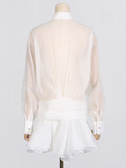 Fashion Sheer Mesh Ruffled Mini Shirt Dress