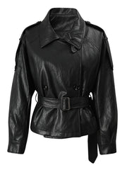 Fashion Long Sleeve Belted Faux Leather Jacket