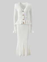 Ruffled V-neck Top Flared Skirt Knit Matching Set
