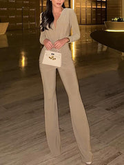 Sexy Deep V Long Sleeve Slim Wide Leg Jumpsuit