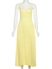 Elegant Sleeveless Square Neck Slim Pleated Midi Dress