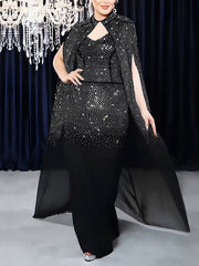 Elegant Rhinestone Decor Mesh Shawl Maxi Dress