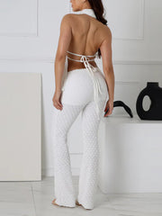 Sexy Textured Halter Backless Top And Flare Pants Set