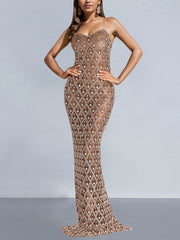 Fashion Rhinestone Sheer Bodycon Party Club Dress