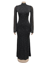 Elegant Rhinestone Sheer Mesh Bodycon Maxi Dress