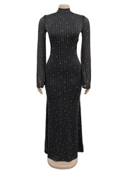 Elegant Rhinestone Sheer Mesh Bodycon Maxi Dress