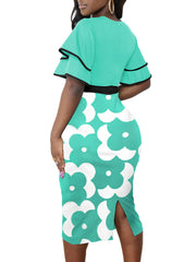 Fashion Round Neck Print Ruffle Sleeve Midi Dress