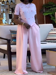 Casual O Neck Love Heart T shirt Wide Leg Pants Set