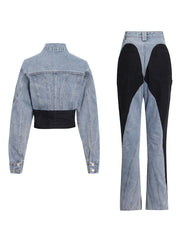Fashion Patchwork Cropped Denim Jacket Jeans Set
