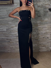 Sexy High Slit Chain Spaghetti Strap Maxi Dress
