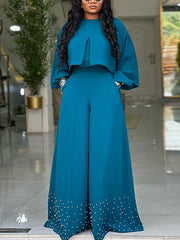 O Neck Crop Top and Pearls Decor Wide Leg Pants Set