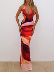 Sexy Backless Print Halter Maxi Dress