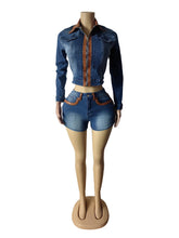 Retro Contrast Color Patchwork Denim Jacket Shorts Set