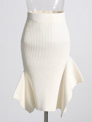 High Waist Ribbed Hem Ruffles Midi Skirt