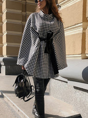 Fashion Houndstooth Tie Waist Cape Coat