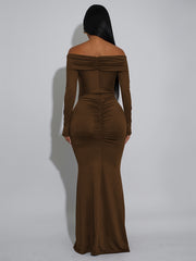 Elegant Off Shoulder Long Sleeve Draped Maxi Dress