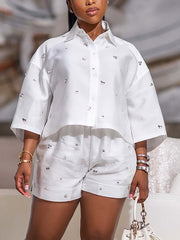 Casual Beading Turndown Collar Shorts Set