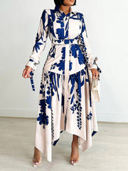 Fashion Lapel Print Cinched Waist Irregularity Dress