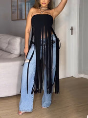 Sexy Suede Strapless Solid Fringe Dress