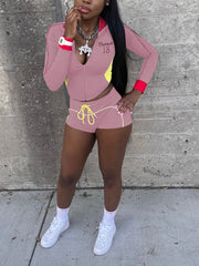 Casual Letter Embroidered Zipper Top Shorts 2 Piece Set