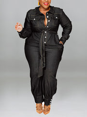 Plus Size Casual Bandage Denim Jumpsuit