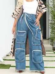 High Waist Denim Patchwork Straight Cargo Jeans