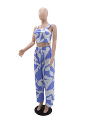 Casual Print Strap Tops Lace-up Pants Two Piece Set
