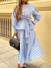 Casual Stripe O-neck Lace-Up Top Long Skirt Set