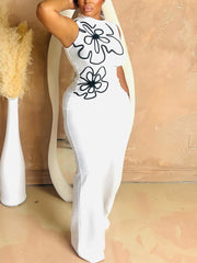 Elegant Round Neck Sleeveless Print Slim Jumpsuit