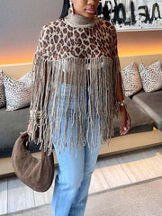 Sexy Leopard Print Spliced Tassel Cloak Top